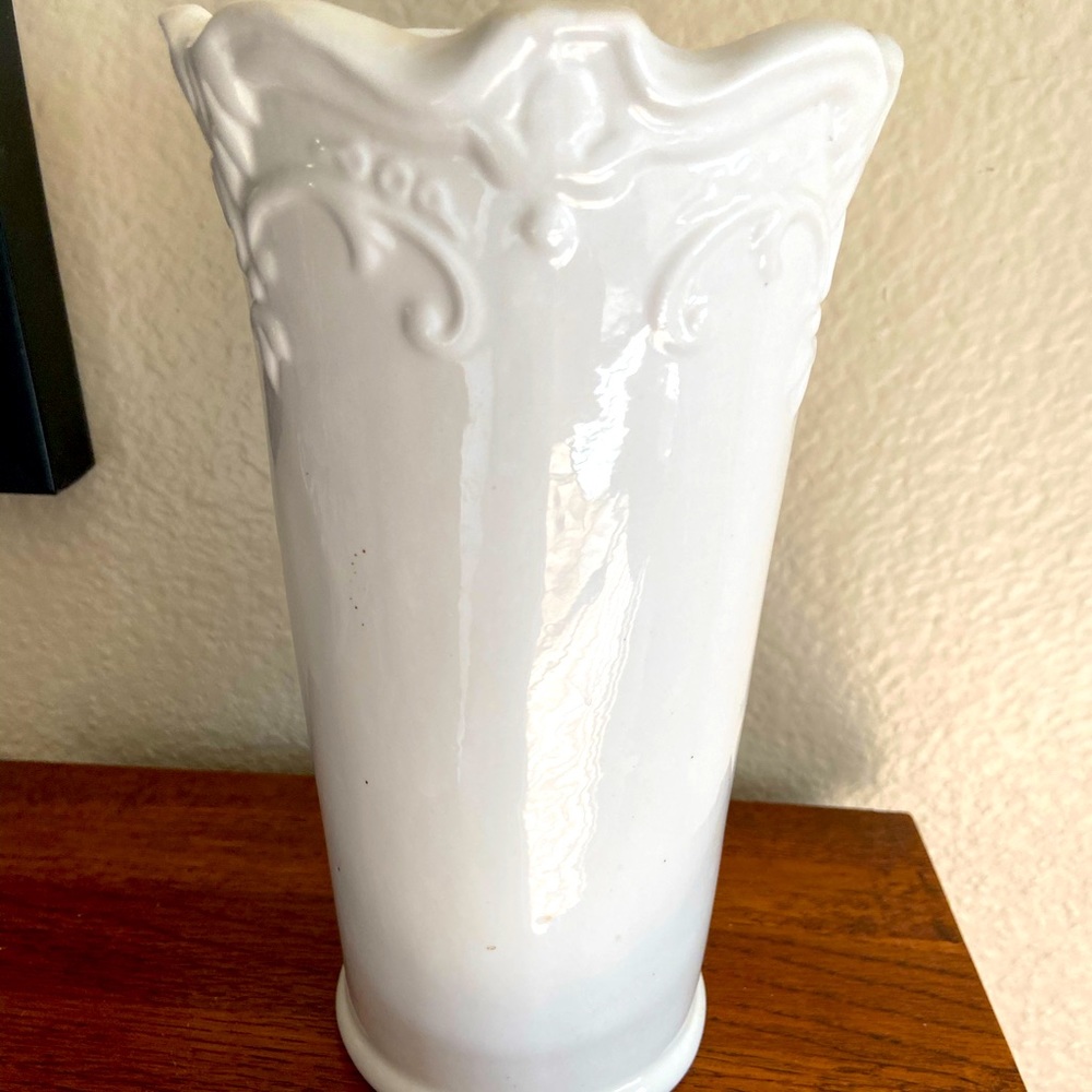 Vintage White Glass Vase Ornate Scrolly Designs